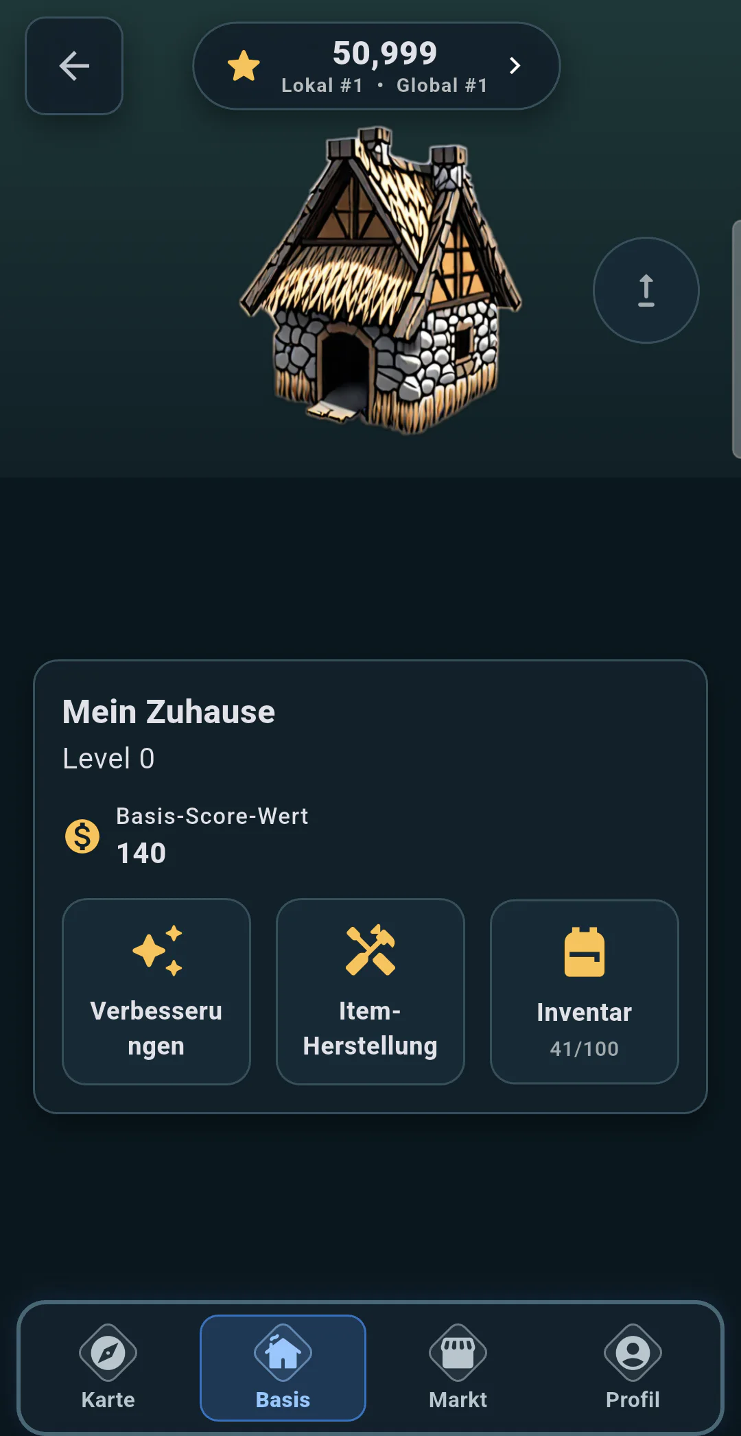 InfiniteGame-Basisansicht mit kleinem Haus, Level, Punktestand und Verbesserungen