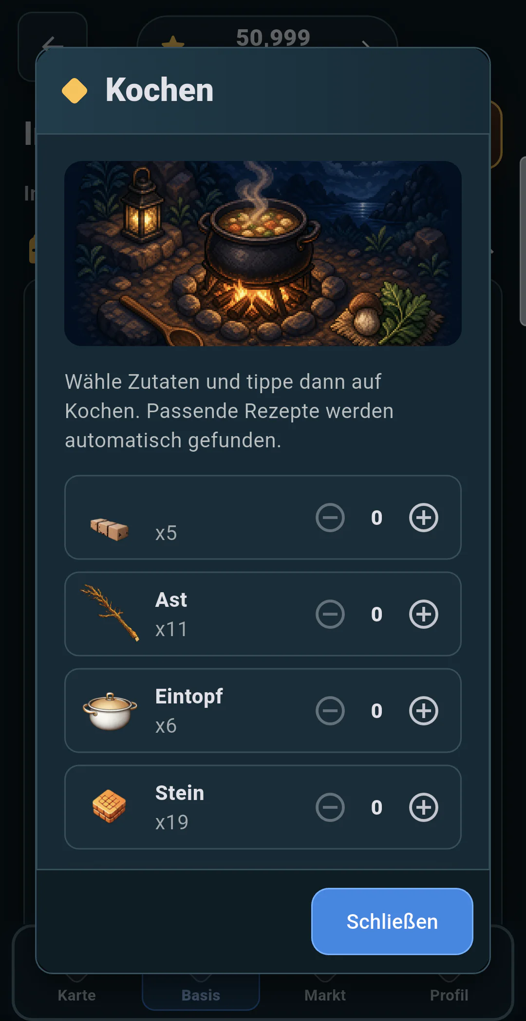 InfiniteGame-Herstellungsansicht mit Lagerfeuer und Zutatenauswahl