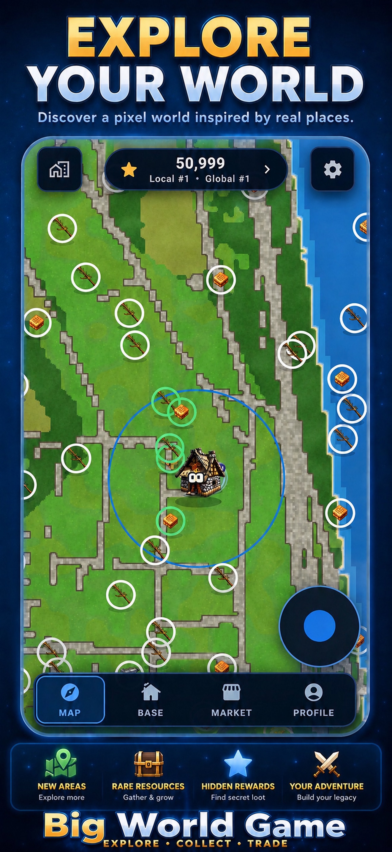 Big World Game map with resources and points of interest