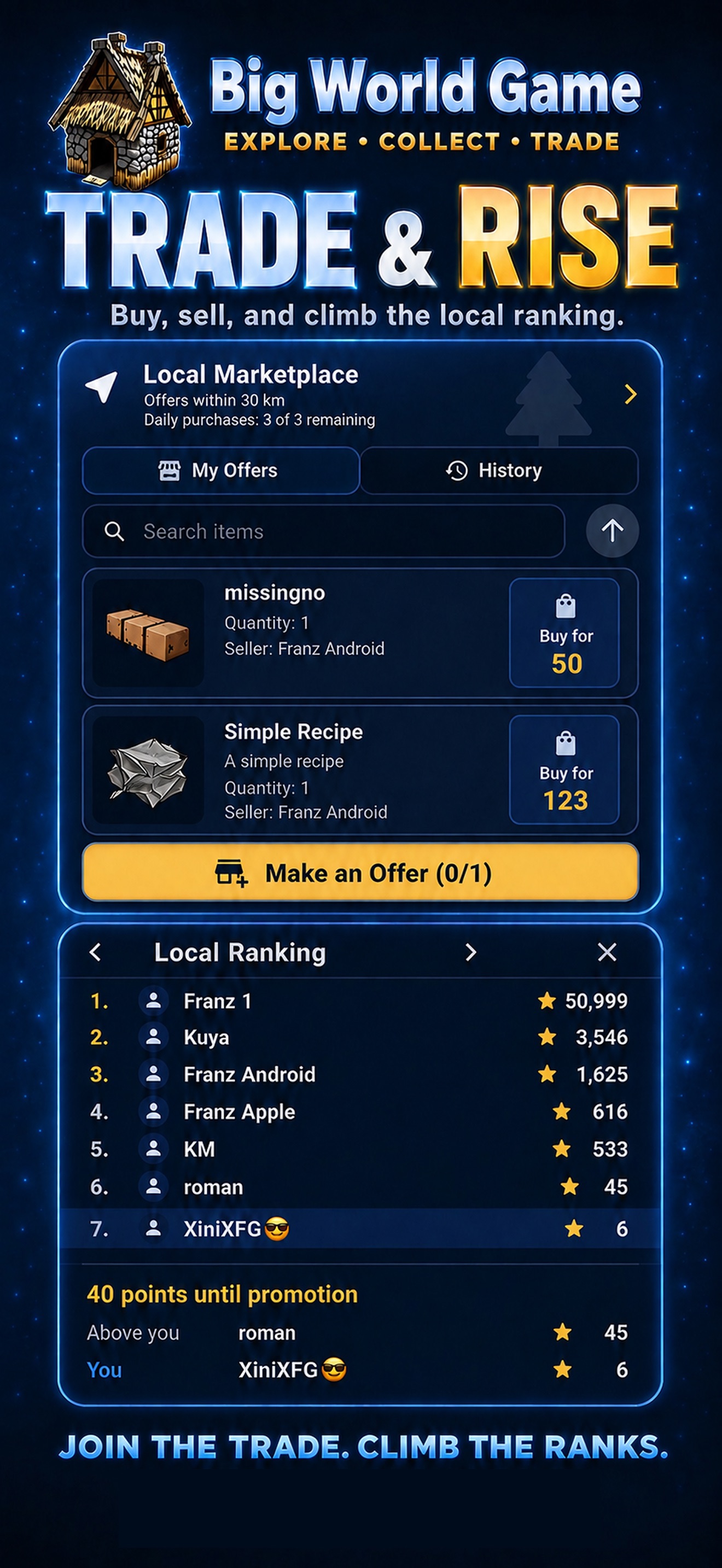Big World Game marketplace and local ranking preview